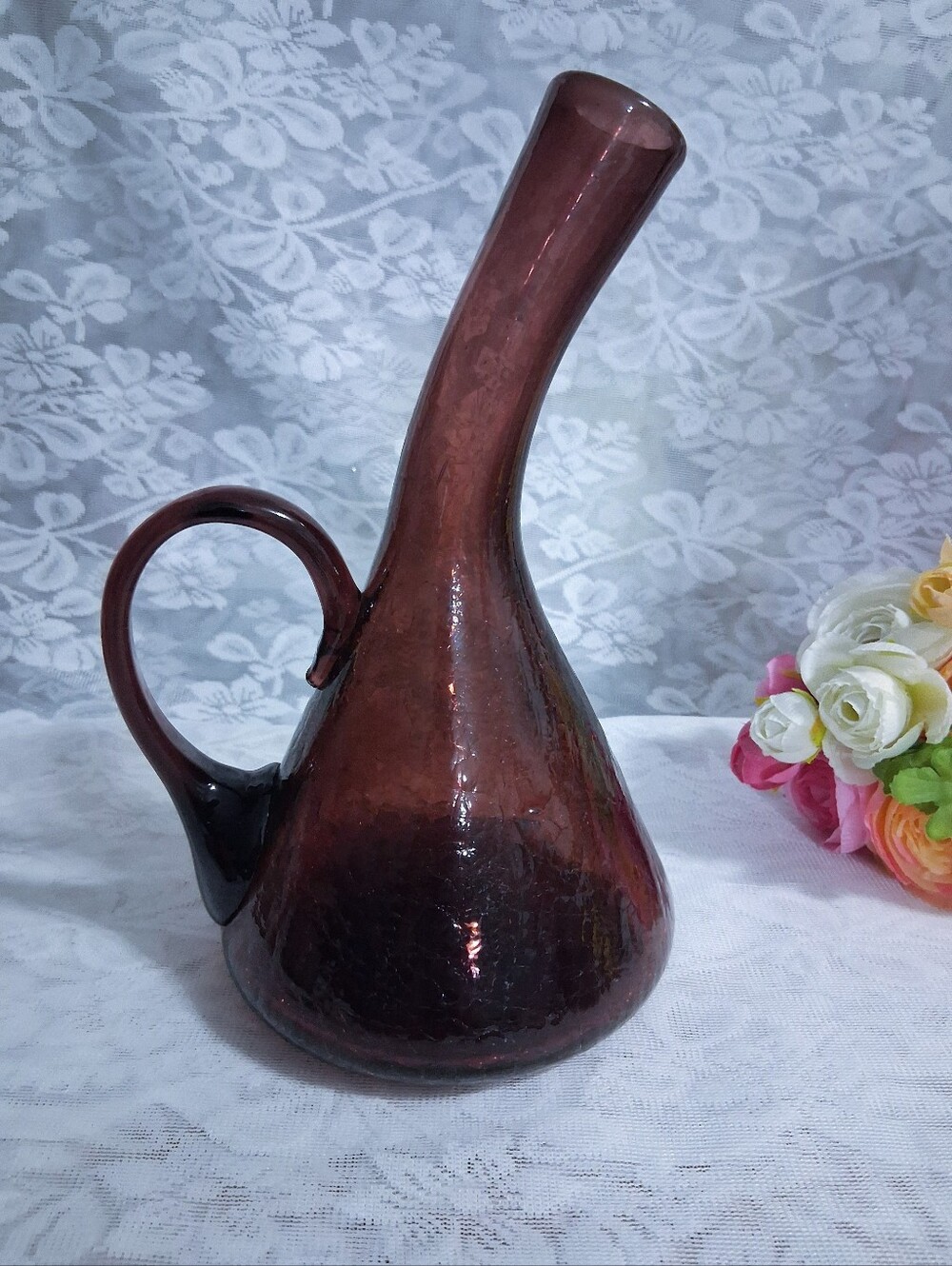 Vintage 10" Plum Brown Crackle Glass Bent Decanter MCM